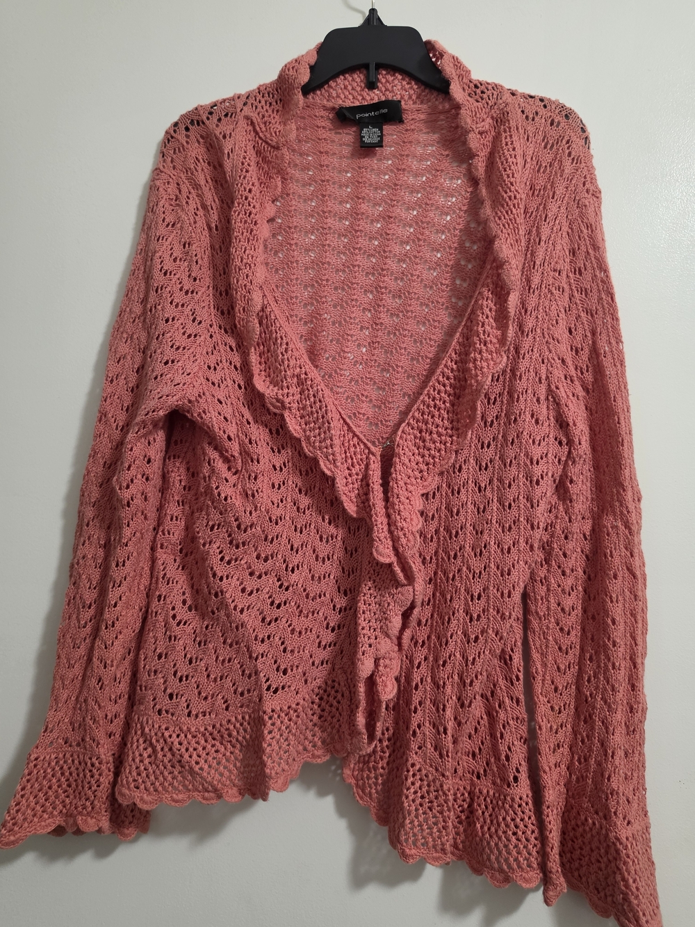 Papaya Coral Open-Knit Ruffle-Trim Cardigan